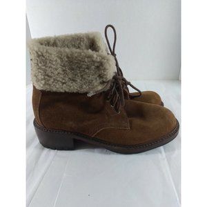 Cole Haan Ankle Boots Brown Suede Shearling Trim Lace Up Sz8.5 Heels 2"